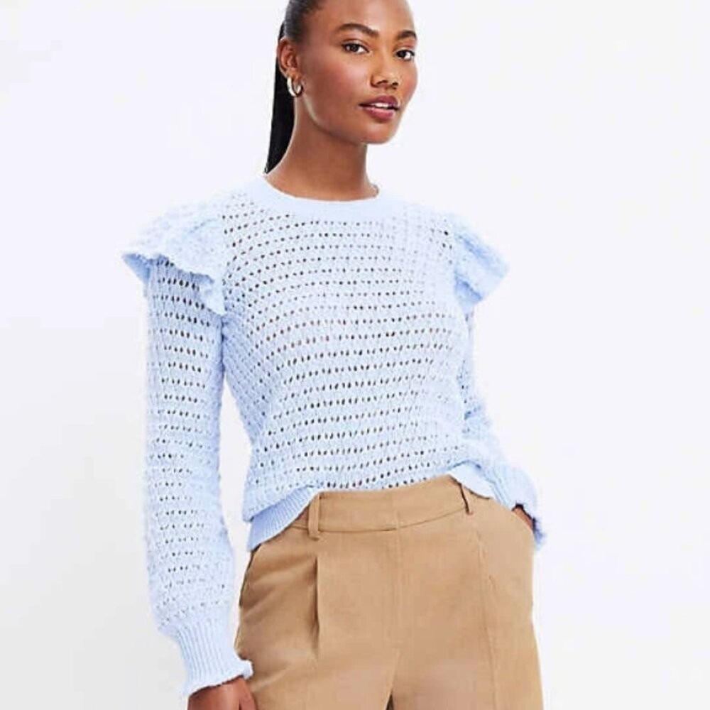 New LOFT size XL Light Blue Open Knit Ruffle Detail Elegant Preppy Sweater